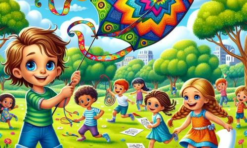 In the foreground, an 11-year-old boy named Jamie, with messy brown hair and sparkling blue eyes, stands proudly in a sunny park. He smiles, holding a large, colorful kite with swirling patterns of yellow, green, and blue, flying high in the sky. His expression radiates happiness and confidence, symbolizing his freedom to be himself. Next to him, his 7-year-old sister Mia, with braided blonde hair and shining eyes, beams as she holds handmade paper flowers. She is full of energy, joyfully bouncing around Jamie, adding color to the scene. In the background, a group of children of different ages gathers around Jamie and Mia, admiring the kite. Some hold crayons and paper, ready to draw, while others prepare to play football, showcasing a variety of interests. The setting is a lush park with majestic trees, vibrant flowers, and a clear blue sky dotted with fluffy white clouds. The grass is bright green, and the atmosphere is filled with laughter and joy. The main scene shows Jamie, feeling proud and free, flying his kite while other children gather around him, celebrating diverse passions and gender equality in a spirit of camaraderie and creativity.