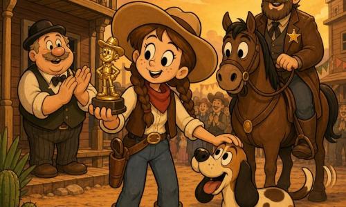 June ist ein jung wirkendes Cowgirl (etwa 14), rundes Gesicht mit Sommersprossen, braune Zöpfe unter breitkrempigem Cowboyhut, bestimmt und freundlich, sie hält eine kleine Statue in einer Hand und streichelt mit der anderen ihren schlanken, fröhlichen Hund Sam, kurzbeinig mit hängenden Ohren, der rechts vorne vor Freude bellt; Sheriff Cooper, etwa 40, groß mit dichter Bartstoppeln, Lederjacke und glänzendem Stern, sitzt erleichtert auf seinem Pferd hinter ihr; Bill, der Saloonwirt, etwa 55, rundlich mit schüchternem Lächeln, steht links auf der Veranda und klatscht leise. Ort: kleine Westernstadt bei Dämmerung, staubige Straße, Holzhäuser mit aufgemalten Schildern, Saloon mit Balkon, Kakteen und Felsen im Hintergrund, warme goldene Lichtstimmung. Situation: June übergibt öffentlich die wiedergefundene Statue, die Szene zeigt Erleichterung und Befreiung mit dezenter Menge im Hintergrund, aufgewirbeltem Staub sowie Fahnen und Girlanden; Komposition zentriert auf June, die glänzende Statue und glückliche Gesichter. Stil: gesättigte warme Farben, dicke schwarze Konturen, rundlich überzeichnete Proportionen im 