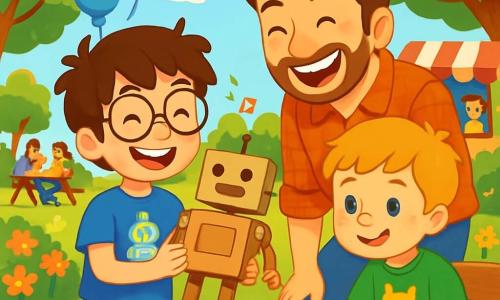 Hay 3 personajes: - Nico: un niño de 8 años, con cabello castaño despeinado y gafas redondas. Lleva una camiseta azul con un dibujo de robot y un pantalón corto amarillo. Está sonriendo, sosteniendo un robot de cartón en sus manos. - Martín: un niño de 8 años, con cabello rubio y pecas. Lleva una camiseta verde con un dibujo de gato y un pantalón de mezclilla. Está sentado en un banco, dibujando en un gran mapa con lápices de colores. - El papá de Nico: un hombre de unos 35 años, con cabello castaño y una barba ligera. Lleva una camisa a cuadros y jeans. Está al lado de Nico, mirando el robot con una gran sonrisa. La escena principal tiene lugar en un parque soleado, lleno de flores coloridas y grandes árboles verdes. Hay globos flotando en el aire y familias divirtiéndose alrededor de mesas de picnic. Al fondo, se ve un puesto de comida con gente riendo y bailando al son de música alegre. La situación principal de la historia muestra a Nico y Martín celebrando el día del padre. Nico presenta orgullosamente su robot a su papá, quien se ríe a carcajadas después de escuchar uno de los chistes del robot. Las caras están iluminadas por la alegría y el amor, y la atmósfera es festiva y cálida.