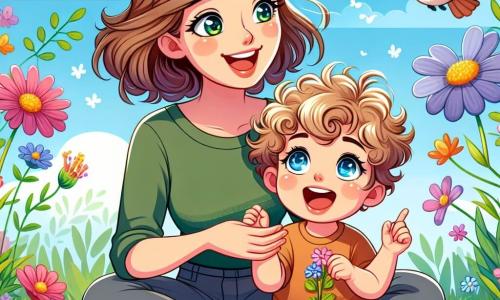 Een jongetje van 2 jaar, genaamd Lars, met krullend blond haar en sprankelende ogen van vreugde, zit in het groene gras, lachend en kijkend naar een mooi gekleurd bloempje dat hij in zijn hand houdt. Zijn mama, een vrouw van ongeveer 30 jaar met kastanjebruin haar en een warme glimlach, staat naast hem en wijst naar een vogel die zingt in een nabijgelegen boom, met een stralende glimlach. De achtergrond is een prachtige lentetuin, vol met bloeiende, kleurrijke bloemen, vlinders die rondfladderen, en een heldere blauwe lucht met enkele donzige witte wolken. Lars, verwonderd, observeert de natuur om zich heen terwijl hij probeert het gezang van de vogels na te doen, wat een vrolijke en levendige sfeer creëert.