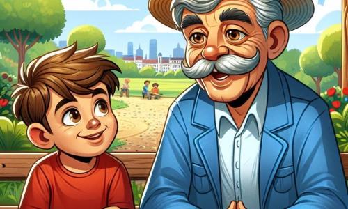Don Miguel es un hombre mayor con cabello gris y un gran bigote, que lleva una chaqueta azul y un sombrero de paja. Tiene una sonrisa cálida y ojos llenos de sabiduría, sentado en un banco de un parque, contando una historia a un niño. Lucas, un niño de unos 8 años, tiene cabello castaño y ojos curiosos. Lleva una camiseta roja y un short azul, sentado al lado de Don Miguel, escuchando atentamente con una sonrisa maravillada en su rostro. El parque es verde, con árboles majestuosos, flores coloridas y un cielo azul salpicado de nubes blancas. Un camino de grava serpentea a través del parque, y niños juegan a lo lejos, añadiendo una atmósfera alegre a la escena. La situación principal muestra a Don Miguel compartiendo recuerdos de aventuras escolares con Lucas, quien está cautivado por las historias de su mentor, ilustrando la importancia de la educación y la curiosidad.