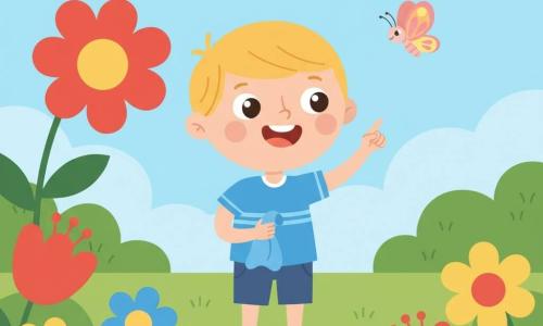 A joyful 2-year-old boy named Leo with a round face, short blond hair and bright eyes smiles and points at a red flower while holding a small blue comforter; a gentle butterfly named Bella with delicate pink-and-yellow patterned wings floats at his head. The bright garden has soft green grass, large red, yellow and blue flowers, a few round bushes and a clear blue sky with a smiling sun; Leo stands on a small stone path amid a warm, peaceful atmosphere.
