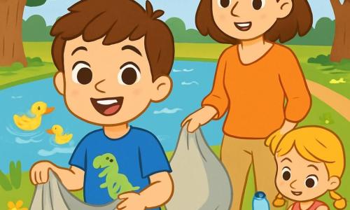 Un niño de 4 años, Lucas, tiene cabello castaño y ojos llenos de curiosidad. Lleva una camiseta azul con un dibujo de dinosaurio y un pantalón corto verde. Lucas sonríe y está entusiasmado, sosteniendo una gran bolsa de plástico para recoger basura al borde de un lago. A su lado, su mamá, una mujer de unos treinta años con cabello castaño y una sonrisa cálida, lo anima con una mirada orgullosa. Ella lleva una blusa ligera y pantalones beige, sosteniendo otra bolsa de plástico. Un poco más lejos, una niña llamada Sofía, de 5 años, tiene trenzas rubias y lleva un vestido rosa. Ella recoge una botella de plástico con determinación. El lugar es un parque verde, con árboles majestuosos y un lago brillante bajo el sol. Patos nadan alegremente en el agua clara, mientras flores de colores bordean el camino. La situación principal muestra a Lucas, su mamá y Sofía limpiando el lago, llenando sus bolsas de basura, riendo y divirtiéndose, felices de proteger la naturaleza.
