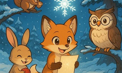Uma raposa de pelagem caramelizada com a ponta da cauda branca, chamada Luar, está alegremente em uma clareira nevada. Seus olhos brilham de curiosidade e felicidade enquanto segura uma folha de papel cintilante entre as patas. Ao lado dela, um floco de neve luminoso flutua suavemente, emitindo um suave brilho prateado. Um coelho chamado Tromp, com orelhas erguidas e um sorriso travesso, está à sua esquerda, segurando um pequeno pedaço de lã vermelha. Uma coruja sábia, Bita, empoleirada em um galho baixo, ajusta seus óculos redondos enquanto observa a cena com um olhar benevolente. Ao fundo, um esquilo travesso, Tico, agarra-se a um pinheiro, segurando uma noz dourada. A clareira é cercada por árvores majestosas cobertas de neve cintilante, e o céu está pontilhado de estrelas brilhantes. A cena principal mostra Luar e seus amigos colaborando para escrever uma mensagem de paz, criando uma atmosfera acolhedora e festiva sob as luzes suaves da noite de Natal.