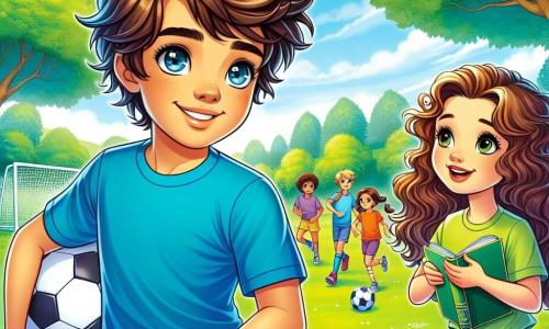 A 12-year-old boy, Max, stands center stage with messy brown hair and sparkling eyes full of determination. He wears a bright blue t-shirt and shorts, smiling confidently, ready to face the world. Beside him is his best friend, Lily, an 11-year-old girl with long curly hair, encouraging him with a shy smile while holding a book. In the background, the park is lush with greenery, majestic trees, and a bright blue sky, creating a joyful and welcoming atmosphere. Max is preparing to play soccer with other kids, his energetic and enthusiastic posture illustrating the moment he overcomes his doubts to join them.