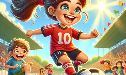 Una joven, Nora, está en el centro de la imagen, sonriendo y llena de alegría, con el pelo castaño recogido en una coleta. Lleva una camiseta de fútbol roja con el número 10, pantalones cortos negros y zapatillas blancas. Está driblando un balón de fútbol en el campo, con los ojos brillantes de emoción y determinación. A su derecha, un niño llamado Tomás, de unos 10 años, está sentado en las gradas, con los ojos abiertos de admiración. Tiene el pelo desordenado y lleva una camiseta azul y un pantalón corto verde. Sostiene un pequeño balón de fútbol contra su corazón, mirando a Nora con una sonrisa maravillada. El escenario es un gran estadio soleado, con gradas llenas de espectadores alegres, banderas ondeando y un cielo azul claro. La situación principal muestra a Nora en plena acción, driblando el balón con facilidad, mientras Tomás la anima desde las gradas, ilustrando la pasión y la amistad que unen a los futbolistas.