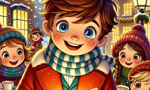 A 7-year-old boy named Oliver, with bright blue eyes and messy brown hair, smiles excitedly while holding a yellowed letter, surrounded by a soft, warm light. He wears a bright red coat and a striped scarf, standing in front of a group of friends. Next to him, Mia, an 8-year-old girl with curly brown hair and a big smile, holds a cup of hot chocolate, her cheeks rosy from the cold. Jake, a 7-year-old boy with blond hair and round glasses, is decorating a box with colorful ribbons, while Emma, a 6-year-old girl with braids and a wool hat, watches in wonder. The scene takes place on a charming snowy street, where houses decorated with twinkling lights line the path. A large Christmas tree lights up the square, surrounded by gently falling snowflakes. Oliver and his friends are preparing a surprise for their friend Lily by gathering donations to give her a winter coat. The atmosphere is joyful, filled with laughter and excitement as they work together to perform an act of kindness.