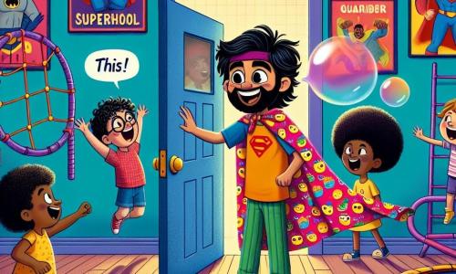 En el centro de la imagen, Paco, un niño de unos 10 años, lleva una capa colorida hecha de una toalla de baño con pequeños patitos amarillos. Su rostro muestra una amplia sonrisa, y sus ojos brillan de emoción y determinación mientras habla con una puerta gigante que se abre amigablemente. A la derecha, Marga, una niña de 9 años con cabello rizado y colorido, hace bailar sombras a su alrededor, con los brazos en alto, llena de alegría. A la izquierda, Lalo, un niño de 11 años con gafas y cabello desordenado, sopla una burbuja de chicle gigante que flota sobre su cabeza, riendo de la situación. El fondo es un aula grande de una escuela de superhéroes, con paredes coloridas, carteles de superhéroes famosos y obstáculos divertidos como trampolines y paredes de escalada. La escena muestra a Paco hablando con la puerta, pidiendo su ayuda para cruzar un laberinto, mientras sus amigos lo animan con entusiasmo, creando una atmósfera alegre y dinámica.