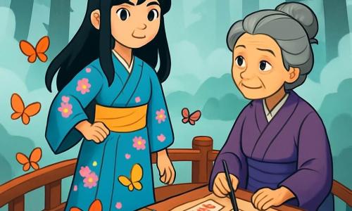 O tânără pe nume Aiko, cu părul lung și negru strălucitor și un kimono tradițional albastru decorat cu flori de cireș, stă pe un pod din lemn acoperit cu fluturi colorați. Fața ei exprimă o determinare blândă, cu ochii strălucind de curiozitate și un zâmbet ușor. Lângă ea, o bătrână pe nume Maiko, în vârstă de aproximativ 70 de ani, cu părul gri aranjat cu grijă într-un coc și un kimono violet, pictează talismane pe o pătură de mătase, observând-o pe Aiko cu un privire binevoitoare. Locul este un col de ceață, unde pini mari cu trunchiuri negre se ridică, iar ceața dansează în jurul lor, creând o atmosferă mistică și onirică. Aiko traversează podul, înconjurată de fluturi strălucitori, îndreptându-se spre barca sufletelor, pregătită să salveze spiritele pierdute în ceață.