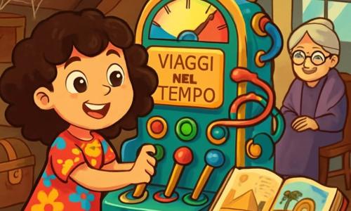 Una bambina di 8 anni, Sofia, con i capelli ricci e castani e gli occhi pieni di curiosità, si trova davanti a una grande macchina del tempo. Indossa un vestito colorato a fiori e ha un sorriso meravigliato sul volto, con le mani posate sulle leve della macchina. Accanto a lei, un vecchio libro polveroso aperto, con illustrazioni di avventure egiziane, giace su un tavolo di legno. In un angolo della stanza, una nonna benevola, di circa 70 anni, con occhiali rotondi e uno scialle di lana, osserva Sofia con un sorriso affettuoso, seduta su una sedia di legno intagliato. La scena si svolge in una vecchia soffitta piena di tesori dimenticati: bauli antichi, ragnatele scintillanti e raggi di luce che filtrano attraverso una finestra polverosa. Sofia, emozionata e un po' nervosa, esita a tirare una delle leve colorate della macchina, pronta a iniziare il suo incredibile viaggio nel tempo.