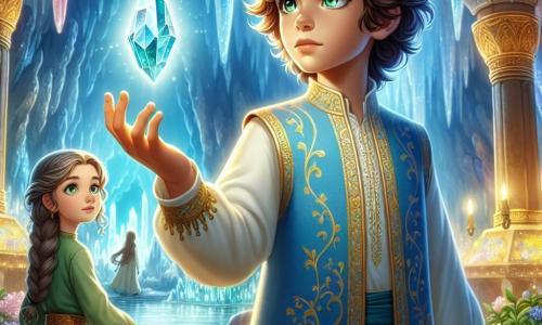 Prince Cedric, a 12-year-old boy with curly brown hair and determined sparkling eyes, stands at the center of the scene. He wears a blue tunic adorned with golden patterns and white pants, reaching out towards a glowing crystal that shines brightly, his face expressing both wonder and courage. Beside him is Elara, an 11-year-old girl with long braided blonde hair and bright green eyes, admiring the crystal. She wears a simple green dress and stands slightly back with her arms crossed over her chest, showing support and encouragement. In the background, the majestic Cave of Echoes is depicted, with walls shimmering with luminescent crystals casting colorful reflections on the ground. Stalactites hang from the ceiling, and a soft light emanates from the central crystal, illuminating the space with a magical aura. The main situation shows Cedric approaching the crystal of clarity, ready to seize it to save his kingdom, while Elara encourages him with a look full of faith and hope.