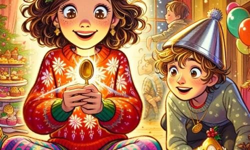 A 12-year-old girl, Molly, with curly brown hair and sparkling curious eyes, holds a small golden spoon in her hand, a wide smile lighting up her face. She wears a bright red sweater decorated with snowflakes and colorful patterned leggings. Next to her, her 8-year-old little brother Finn, with messy blond hair and bright blue eyes, is crouched down, gazing in wonder at the spoon, wearing a tin foil hat, ready to defend New Year's. The scene takes place in a cozy kitchen filled with party decorations: twinkling garlands, colorful balloons, and a table laden with festive dishes, featuring cupcakes and a large bowl of rice pudding at the center. The atmosphere is joyful and lively, with laughter in the background. Molly and Finn are at the heart of the adventure, discovering the secret of the golden spoon, surrounded by the excitement and magic of New Year's.