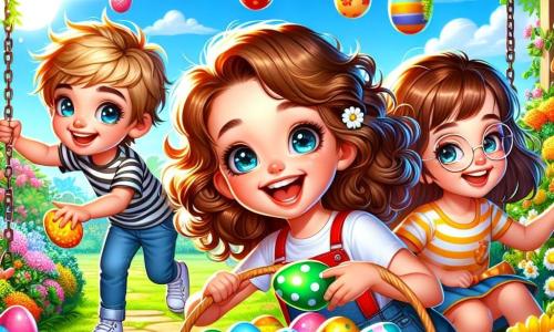A 6-year-old girl named Lily, with beautiful curly brown hair and sparkling blue eyes filled with excitement, stands in the center of the image holding a basket overflowing with colorful eggs. She joyfully smiles, her cheeks flushed with enthusiasm, as she looks at her friends. To her right, a 7-year-old boy named Max, with messy blond hair and a striped t-shirt, crouches to pick up a pink egg hidden under a flowering bush. To her left, Mia, a 6-year-old girl with brown hair and round glasses, points to a shiny egg near the swing, her face lit up with curiosity. The setting takes place in a sunny garden filled with colorful flowers, a large green tree, and a wooden swing, creating a joyful and spring-like atmosphere. The scene shows Lily and her friends in the middle of an Easter egg hunt, laughing and having fun, surrounded by multicolored eggs hidden in the bushes and under the flowers, capturing the festive spirit and excitement of this special day.