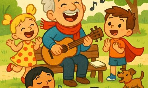 A smiling, joyful male singer with soft gray hair and a red scarf sits on a wooden bench playing a brown guitar with an open notebook beside him while three children join a sunny park mini-concert: Lily, about 6, blond pigtails in a polka-dot dress laughing and skipping to the left and clapping; Max, about 6, short brown hair wearing a red superhero cape standing to the right and clapping excitedly; Mia, about 6, black braided hair and bright blue shoes sitting on the ground in front singing and holding a small lyric book; textured green lawn, leafy trees, a light gravel path, a few yellow flowers and a small dog barking in the distance, warm contrasting colors, rounded features and exaggerated expressions in a childlike style.