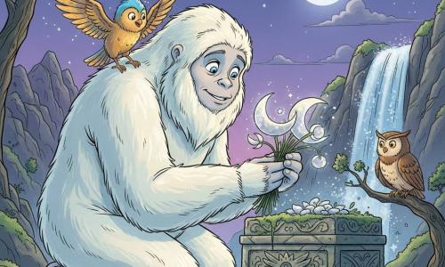 A large female yeti named Yara, gentle and brave, with thick off-white slightly bluish fur and big glacier-blue eyes, kneels on a rock placing a bouquet of silvery luminescent flowers shaped like small crescent moons on a stone altar; a small glowing bird (the Glowbird), iridescent gold-and-blue, perches on her shoulder with half-open wings, mischievous, and a wise owl (Oliver), golden-brown, watches from a nearby branch; setting: mountaintop at twilight with mossy rocks, ancient carved ruins, a sparkling waterfall, and a deep violet sky where a silver moon reappears behind a cloud with fine stars; an emotional, luminous moment as Yara offers the bouquet to the returning moon, midshot composition, warm colors contrasting with the yeti’s cool white, clean lines, soft shading, vivid Franco-Belgian comic palette.