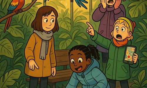 Four 11-year-old girls in a warm, misty Tropical Animal House greenhouse: Maya (mid-brown hair, gray scarf) stands slightly left, calmly pointing to the spot where a small purple glove fell; Zara (red ponytail, purple coat and gloves) at right presses the found glove to her cheek with a comic, exaggerated expression; Nia (black braided hair, sky-blue coat) crouches in front of a dark wooden bench, joyfully surprised as she picks up the glove from beneath it; Elsie (short blonde hair, green coat) stands behind them dramatically with a hand to her forehead, holding a phone and map and directing the group; colorful parrots perch on wooden branches among lush tropical plants and fogged glass walls, warm yellow-orange light, damp tiled floor, saturated colors, thick outlines, cartoon-style exaggerated faces.