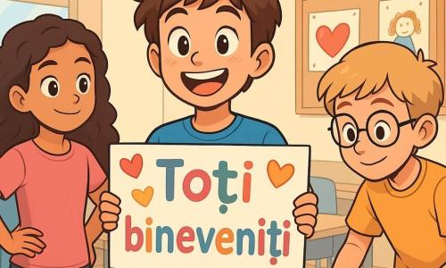 Un băiat de 12 ani, Valentin, cu părul castaniu și ochii strălucind de bucurie, stă în centrul scenei, ținând un panou colorat cu inimioare și mesajul "Toți sunt bineveniți". Fața lui radiază de entuziasm și mândrie, în timp ce zâmbește larg. Lângă el, Rania, o fetiță de 12 ani cu părul lung și creț, poartă un tricou roz și privește panoul cu admirație, cu mâinile pe șolduri. Vlad, un băiat de 12 ani cu ochelari rotunzi și părul blond, se apleacă înainte, ținând foarfeca și bucăți de hârtie colorată, pregătit să ajute. Scena se desfășoară într-o clasă luminoasă, decorată cu ghirlande de inimioare din hârtie, baloane roșii și desene de copii agățate pe pereți. Feronierul lasă să intre lumina soarelui, iluminând atmosfera festivă. Valentin, înconjurat de prietenii săi, finalizează panoul pentru sărbătoarea de Sfântul Valentin, în timp ce râsetele și murmurul de bucurie răsună în cameră, creând o ambianță caldă și prietenoasă.