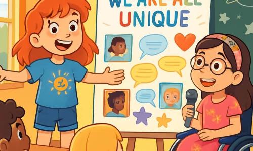 There are two main characters: Mia, an 11-year-old girl with bright red hair, sparkling eyes, and a radiant smile. She wears a blue t-shirt with a sun pattern and denim shorts. She stands on the left, arms open, full of energy. Lily, also 11, uses a wheelchair. She has brown hair and round glasses, wearing a pink dress with flower patterns and a colorful headband. She is to the right of Mia, smiling and looking at her with admiration. The main setting is a bright classroom with yellow walls and large open windows letting in sunlight. Colorful posters show children's drawings and messages about friendship and inclusion. Wooden desks are arranged in a semicircle, and at the back, a blackboard is filled with drawings of stars and planets. The main situation shows Mia and Lily presenting their project 