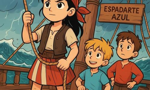 Uma jovem pirata, Lia, uma menina de 10 anos, se posiciona orgulhosamente no convés do navio, com tranças pretas amarradas por um lenço vermelho vivo. Seu rosto é determinado e concentrado, seus olhos brilhando de excitação e curiosidade. Ela veste um colete de couro desgastado e uma saia de tecido listrado, segurando uma corda nas mãos, pronta para ajudar sua tripulação. Ao lado dela, Guma, um garoto de 9 anos, com cabelo loiro bagunçado e um sorriso travesso, observa Lia com admiração, segurando um balde e uma escova, pronto para ajudá-la. Um pouco mais longe, Tinino, um menino de 8 anos, com cabelo castanho e olhos redondos, parece preocupado, observando o mar agitado, com as mãos na cintura. O local é um navio pirata, o 