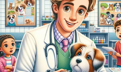 Un veterinar pe nume Dr. Mihai se află în centrul imaginii, zâmbind călduros. Are părul brun, ochelari rotunzi și poartă un halat alb. Vaccinează un cățel mic, Max, care pare curios și puțin nervos, cu urechile mari ridicate. La dreapta sa, o fetiță de 8 ani, Maria, cu părul blond și împletituri, observă atentă, având ochii strălucitori de entuziasm, ținând un carnet în care ia notițe. La stânga sa, un băiat de 9 ani, Andrei, cu părul șaten și un tricou roșu, privește cu uimire, cu brațele încrucișate, pregătit să pună întrebări. Scena se desfășoară într-un cabinet veterinar luminos și primitor, cu postere colorate pe pereți care arată animale sănătoase. Dr. Mihai le explică copiilor importanța vaccinurilor pentru animale, în timp ce Max primește vaccinul, creând o atmosferă de învățare și bunăvoință.