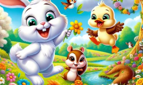 Un alegre conejito llamado Benito, con un pelaje blanco brillante y grandes orejas suaves, salta entusiasmado en un campo de flores coloridas, su cara radiante de felicidad. A su lado, una adorable ardilla llamada Sofía, con pelaje marrón y una cola esponjosa, sonríe mientras sostiene una guirnalda de flores que cuelga de un árbol, llena de emoción. Un pato llamado Pablo, con plumaje amarillo brillante y un pico naranja, nada alegremente en un pequeño estanque, salpicando agua mientras canta. El lugar es un magnífico campo primaveral, lleno de flores brillantes de todos los colores, bajo un cielo azul claro con nubes blancas y esponjosas. La escena principal muestra a Benito y sus amigos celebrando la llegada de la primavera, decorando el campo con flores y preparando un festival alegre, llenos de risas y camaradería.