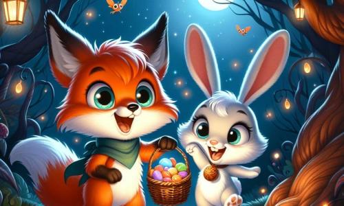 Un pequeño zorro de pelaje naranja brillante, con grandes ojos curiosos y una cola esponjosa, se encuentra en el centro de la imagen, sonriendo con entusiasmo mientras sostiene una pequeña linterna. Está lleno de alegría y emoción, listo para aventurarse a recoger caramelos. A su lado, una adorable conejita de grandes orejas y pelaje blanco, Lulú, salta de alegría, con sus ojos brillando de emoción. Lleva una pequeña cesta de mimbre llena de caramelos coloridos y mira a Zorrito con admiración. El escenario es un bosque misterioso, bañado por la luz de la luna, con árboles de formas extrañas y sombras danzantes. Luciérnagas iluminan el camino, añadiendo un toque mágico a la atmósfera nocturna. La situación principal muestra a Zorrito y Lulú, listos para aventurarse en el bosque oscuro en busca de caramelos de Halloween, rodeados de misterio y emoción, con estrellas brillando en el cielo.