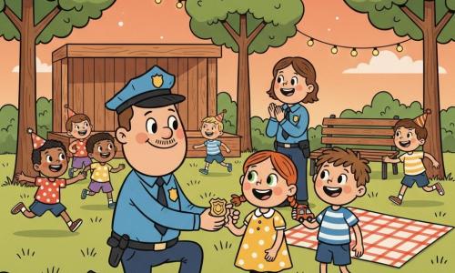 A tall, smiling police officer with a round face, small mustache and bright blue uniform kneels to hand a metal badge to a child; beside him stands Lily, about 8, red braided hair, green eyes, wearing a yellow polka-dot dress, smiling as she receives a badge, and slightly behind her to the officer's right is Max, about 9, tousled brown hair, blue-and-white striped tee, holding a toy truck and waiting for his badge. Officer Sarah, an adult female with short brown hair in blue uniform, stands near a bench applauding. A small mixed group of five to six children aged 6–10 play nearby, some wearing party hats. The scene is a twilight park with textured green grass, stylized round-leaf trees, hanging string lights, a wooden stage and a red-and-white picnic blanket; warm orange-pink sky with early stars. The main event is a community badge-giving with a festive, safe atmosphere, centered on the kneeling officer and the two children, warm colors, strong contrasts, curved lines and dynamic silhouettes in a rubber-hose style.