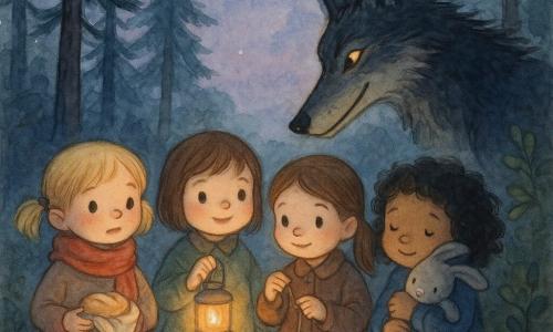Jest pięć postaci: Hania, ok. 4 lata, blond w kucykach, czerwona szal, trzyma ciepłą bułkę w tkaninie, stoi po lewej; Zosia, ok. 4 lata, krótkie brązowe włosy, trzyma migoczącą żółto-pomarańczową latarenkę, centrum-po-lewej, latarenka łagodnie oświetla twarze; Basia, ok. 4 lata, kasztanowe związane włosy, trzyma długi sznurek z małym srebrnym dzwoneczkiem, centrum-po-prawej, dzwoneczek zaczyna brzęczeć; Mela, ok. 4 lata, kręcone czarne włosy, przytula szarego pluszowego królika przy policzku, stoi po prawej. Wielki Zły Wilk, dorosły samiec, wysoki i szczupły, ciemnoszare futro z czernią, złote błyszczące oczy, chytry uśmiech, wyłania się z krzaków po prawej, pochylony nad dziewczynkami. Miejsce: wąska leśna ścieżka wśród bardzo wysokich sosen, czarne pnie, igły sosnowe, ziemia z brązowo-czerwonymi liśćmi i zielonym mchem, zmierzchowe niebo niebiesko-fioletowe, wilgotna, przytłumiona atmosfera; sytuacja: dziewczynki idą razem, latarenka Zosi rzuca ciepłe koło światła, dzwoneczek Basi zaczyna brzęczeć, Hania trzyma bułkę, Mela przytula królika; po prawej wilk wyłania się z krzaków, jego złote oczy i chytry uśmiech tworzą delikatne, niepokojące napięcie.