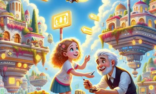 Una bambina di 8 anni, Emma, con capelli ricci e dorati e occhi pieni di curiosità, si china con un sorriso meravigliato su un taxi-bolla galleggiante, mentre lo ripara con un piccolo cacciavite. Accanto a lei, un uomo anziano, il Signor Bruno, con capelli grigi e barba curata, sorride con gratitudine, indossando una camicia a quadri e pantaloni comodi, osservando Emma con ammirazione. La scena si svolge nella città futuristica di Altea, dove case colorate galleggiano su terrazze soleggiate, circondate da fiori vivaci e pannelli luminosi che scintillano nell'aria. Il cielo è di un blu brillante, punteggiato da nuvole bianche e soffici, e il sole splende intensamente, illuminando la scena con una luce calda. Emma sta riparando il taxi-bolla, mentre pannelli direzionali luminosi si accendono attorno a loro, guidando i passanti. L'atmosfera è gioiosa e dinamica, piena di colori vivaci ed energia positiva, simboleggiando la collaborazione e l'innovazione in questa città magica.