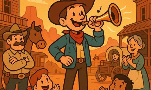 Hoofdpersoon: jonge cowboy, lichte huid, bruin haar onder brede bruine hoed, versleten blauwe jas, leren laarzen, houdt een glanzende koperen klaroen bij zijn lippen, rechte houding, vastberaden vrolijke blik; Secundair 1: oudere sheriff, gezet, dikke snor, beige hoed, links van de cowboy met armen over elkaar, trotse gezichtsuitdrukking; Secundair 2: tante van ~50, grijs haar in knot, licht schort, rechts bij een tafel met broden, klappend en lachend naar de cowboy kijkend; Secundair 3: vrouwelijke karavaanleider in de veertig, rood hoofddoekje, bruine mantel, bij een kar vol kisten, licht voorover buigend uit dankbaarheid; Secundair 4: meisje en jongen (~7–9), kleurrijke kleren, rennen en klappen op de voorgrond, verwonderde gezichten; Belangrijk dier: bruine merrie Peper met glanzende vacht en zadel, net achter de cowboy, zachte blik, een appel dichtbij; Plaats: westers dorpsplein met houten huizen en veranda’s, wapperende vlaggetjes, rood stoffige grond, rode bergen op de achtergrond, warme oranje namiddaglucht; Situatie: de cowboy blaast een heldere noot op zijn klaroen, grafische geluidsgolven (kromme lijnen) doorklieven de scène en verlichten de menigte en karavaan, gezellige sfeer, warme kleuren, hoge contrasten, retro cartoonstijl met dikke lijnen en vloeiende vormen.