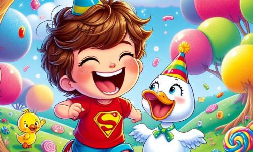 Un niño de 8 años, Lucas, con el cabello castaño revuelto y ojos chispeantes de travesura, ríe a carcajadas mientras juega con un Pato Risitas. Lucas lleva una camiseta roja con un dibujo de superhéroe y un pantalón corto azul, y se esconde detrás de un gran árbol de chicle, listo para sorprender a su amigo. El Pato Risitas, un pato divertido con un sombrero de fiesta y una gran sonrisa, se encuentra a unos pasos de Lucas, riendo de corazón mientras intenta encontrarlo. La escena transcurre en un mundo mágico donde los árboles son de chicle de colores, las nubes parecen de algodón de azúcar y un arroyo de limonada burbujeante fluye a su lado, añadiendo color y alegría al entorno. La situación principal muestra a Lucas y al Pato Risitas jugando al escondite en este lugar de ensueño, llenos de risas y felicidad, mientras animales coloridos los rodean, listos para unirse a su juego.