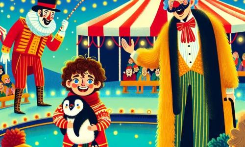 Un ragazzo di 9 anni, Leo, con capelli ricci e occhi pieni di curiosità, si trova al centro della scena, con un grande sorriso sul volto, tenendo un pinguino dalle piume brillanti tra le braccia. Accanto a lui, il Grande Zamboni, un uomo di circa 50 anni con un cilindro nero e un baffo flamboyante, applaude con entusiasmo, il suo viso che brilla di orgoglio. Sullo sfondo, un clown gioioso, con un naso rosso e scarpe giganti, ride tenendo un pallone a forma di cane, aggiungendo un tocco di colore alla scena. Il luogo è un circo vibrante, con tende a strisce rosse e bianche sotto un cielo blu splendente. Luci scintillanti illuminano la scena, mentre spettatori di tutte le età sono seduti su panchine di legno, in attesa dello spettacolo. La situazione principale mostra Leo lanciare il pinguino in aria con un gesto drammatico, mentre il pubblico trattiene il respiro, creando un'atmosfera di magia ed eccitazione.