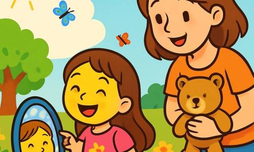 A 4-year-old girl named Lily, with long brown hair and sparkling eyes, stands in front of a magical mirror. She has a big radiant smile, and her face is illuminated by a bright yellow color representing her joy. She wears a pink dress with colorful flower patterns. Next to her, her mother, a gentle woman in her 30s with brown hair and warm eyes, encourages her with a caring look. She is slightly leaning forward, with a soothing smile, holding a clean and soft teddy bear in her arms. The scene takes place in a sunny garden filled with vibrant flowers of all colors, with a majestic oak tree in the background. Colorful butterflies flutter around them, adding a touch of magic to the environment. Lily, with a happy expression, points to the mirror shining with bright yellow, while her mother explains the importance of sharing and understanding emotions.