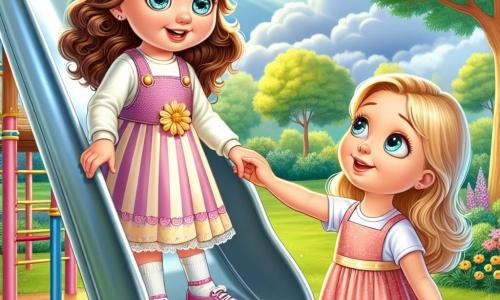 In a sunny park, a 6-year-old girl named Lily has sparkling blue eyes and curly brown hair. She stands at the foot of a shiny slide, her face showing a mix of excitement and nervousness. Next to her is her best friend Emma, a 7-year-old girl with smooth blonde hair and a pink dress, who smiles and encourages her to climb. The park is lush with majestic green trees and colorful flowers swaying in the breeze. The sky is bright blue with a few fluffy white clouds. The main scene shows Lily ready to go up the slide, holding her mother's hand, a gentle woman with brown hair and a warm smile, standing just below the slide to encourage her. Lily and Emma look at each other excitedly, ready for an adventure full of laughter and courage.
