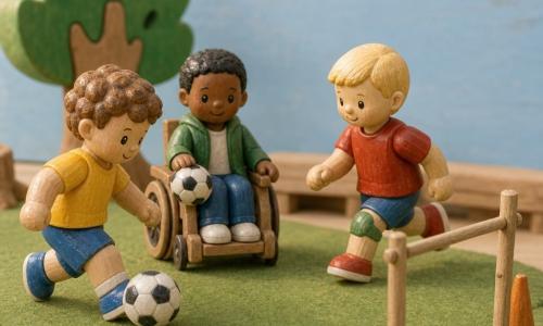 Three nearly three-year-old boys play calm, joyful mini-soccer on a miniature playground diorama set on a light wood table: Leo, front left, curly brown hair, yellow shirt and blue shorts, gently kicks a black-and-white ball; Max, center-right, short blond hair, red tee and green knee pads, in mini-running steps looking toward a goal between two orange cones; Sam, center-left, black hair, green jacket, seated in a small wooden wheelchair with his hand on the ball ready to pass. The scene features a textured green felt lawn, two small orange cones, a makeshift goal of sticks, a stylized painted wooden tree and pale blue sky backdrop; expressions are focused and smiling, movements slow and gentle, with warm, bright lighting, vivid colors, simple shapes, soft light and light shadows in a wooden toy diorama style.