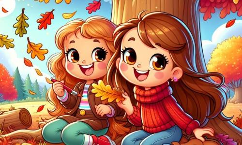 Una niña de 8 años, Lucía, con largos cabellos castaños y ojos brillantes de curiosidad, está sentada bajo un gran roble con hojas doradas. Sonríe alegremente, sosteniendo un cuaderno lleno de dibujos coloridos de la naturaleza otoñal. A su lado, su madre, una mujer de unos 30 años, con cabello castaño y un suéter de lana rojo, recoge hojas secas para decorar la casa. El lugar es un jardín encantador, lleno de árboles de colores brillantes, hojas que caen suavemente al suelo y un cielo azul claro. La escena principal muestra a Lucía dibujando una hoja de roble, rodeada de una atmósfera cálida y alegre, mientras una suave brisa hace danzar las hojas a su alrededor.