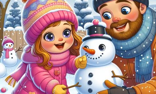 Uma menina de 2 anos, Lila, com grandes olhos brilhantes e bochechas rosadas, está construindo um boneco de neve no seu jardim. Ela usa um casaco rosa vivo, um gorro de lã multicolorido e luvas amarelas, sorrindo com admiração, os braços levantados em sinal de alegria. Ao lado dela, seu pai, um homem de cerca de 30 anos, com barba castanha e um sorriso caloroso, a ajuda a moldar o boneco de neve. Ele está vestido com uma jaqueta azul e um gorro preto, segurando uma cenoura para o nariz do boneco. O jardim está coberto de uma espessa camada de neve cintilante, com árvores cujos galhos estão carregados de flocos brancos. O céu é azul claro, pontilhado de algumas nuvens fofas, e flocos de neve caem suavemente ao redor deles. A cena principal mostra Lila e seu pai rindo e se divertindo, criando juntos um boneco de neve, simbolizando a alegria e a magia do inverno.
