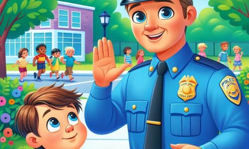 A smiling police officer, a man in his thirties, wears a bright blue uniform and a shiny hat. He has sparkling joyful eyes and a warm, broad smile. He stands on a sidewalk, raising his hand to greet the children. Next to him, Sam, a curious 7-year-old boy with messy brown hair and a red t-shirt, looks up at the officer with admiration, holding a small notebook in his hands. The scene takes place in a sunny park, surrounded by green trees and colorful flowers, with children playing in the background. The officer explains to the children the importance of helping others, while Sam takes notes with an attentive and amazed expression.