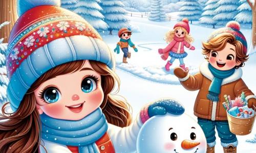 Een 11-jarig meisje, Lotte, met lang bruin haar en door de kou roze wangen, glimlacht vrolijk terwijl ze een sneeuwman bouwt. Ze draagt een felrode jas, een blauwe wollen muts en kleurrijke handschoenen, haar ogen sprankelend van blijdschap. Naast haar staat Sam, een 12-jarig jongen met tousled blond haar en een ondeugende glimlach, die sneeuw verzamelt om een sneeuwbal te maken, klaar voor een vriendschappelijke uitdaging. Julia, een 11-jarig meisje met krullend haar en een roze jas, lacht terwijl ze een emmer vol versieringen voor de sneeuwman vasthoudt, iets op de achtergrond. De scène speelt zich af in een betoverend winterpark, waar majestueuze bomen bedekt zijn met sprankelende sneeuw en de grond bedekt is met een dikke laag ongerepte sneeuw. Op de achtergrond nodigt een zachte heuvel uit om van te glijden, terwijl de lucht helderblauw is, bezaaid met donzige witte wolken. Lotte en haar vrienden hebben plezier met het maken van een sneeuwman, lachend en spelend in de sneeuw, en vangen de magie van de winter en de vreugde van vriendschap.