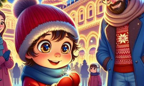 Un băiat de 6 ani, pe nume Matei, stă în centrul imaginii, cu ochii strălucind de curiozitate și un zâmbet larg pe față. Poartă o haină roșie aprinsă, o căciulă din lână și mănuși asortate, ținând în mână o mică stea strălucitoare. Lângă el, o mamă caldă, de aproximativ 30 de ani, cu părul lung și brunet și un zâmbet reconfortant, îl privește cu dragoste, purtând o haină albastră și o eșarfă din lână. Un pic mai departe, un tată de aproximativ 40 de ani, cu o barbă moale și ochelari, zâmbește mândru, îmbrăcat într-un pulover de Crăciun și o căciulă de Moș Crăciun. Scena se desfășoară într-o piață de Crăciun minunată, iluminată de ghirlande de lumini colorate și înconjurată de brazi decorați cu globuri strălucitoare. Fulgi de zăpadă cad ușor din cer, creând o atmosferă feerică. Matei, uimit, tocmai și-a regăsit părinții după o mică aventură într-o pădure magică și le arată cu entuziasm micul cadou, simbolizând magia Crăciunului și bucuria familiei reunite.