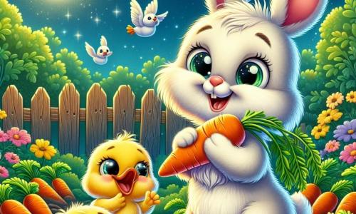 A small rabbit named Benny, with fluffy white fur, large floppy ears, and sparkling eyes full of excitement, stands at the center of the image, holding a carrot in his front paws and displaying a big joyful smile. Next to him, Daisy, a small bright yellow duck with shiny feathers, gazes in wonder at the scene, her wings slightly spread, ready to take flight. A little further away, Charlie, a small pink pig with a mischievous face, rolls in the dirt, laughing while holding a carrot in his mouth. The setting is a lush garden filled with rows of bright orange carrots under a starry sky, with colorful flowers and green leaves gently swaying in the wind. In the background, an old wooden fence and a shining moon add a magical touch to the scene. The main situation shows Benny and his friends enjoying their carrot harvest, laughing and sharing stories, while a nearby guardian goose watches them with a puzzled expression, creating an atmosphere of adventure and camaraderie.