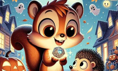 Nutty, a small squirrel with fluffy brown fur, big sparkling eyes full of curiosity, and a delighted smile, holds a shimmering amulet in his tiny paws. Next to him, Whiskers, a hedgehog with soft spines and round glasses, shows a look of surprise and excitement as he gazes at the mysterious object. The scene takes place on a lively street in Maple Alley, decorated with smiling pumpkins, floating ghosts, and garlands of golden leaves, under a starry sky illuminated by a bright full moon. Nutty and Whiskers stand in front of a haunted house, its walls adorned with spider webs and flickering lanterns, ready to enter a magical world filled with laughter and adventures.