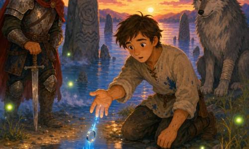 Soren, gentle and focused with bright brown eyes and messy brown hair, in ink-stained clothes holds a silver ring with a thin blue line above the water, mouth slightly open as if whispering and hand outstretched toward Lake Lumen; Sir Brannick, ~35, in dented armor and a faded red cloak stands slightly behind left, surprised, holding a short sword planted in the sand and watching the ring; a large gray wolf with a bandaged paw sits calmly to the right. At dusk on the shore the pale blue lake is smooth and misty, standing stones engraved with waves and circles and glistening wet grasses surround them as the ring falls, leaving a blue trail before vanishing into a bright circle on the water, light reflecting on their faces and pale green and gold will-o’-the-wisps floating like lanterns.