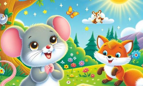 A little mouse named Millie, with soft gray fur, big sparkling eyes filled with curiosity, and a radiant smile, stands in front of a shimmering piece of cheese in the grass. She is full of wonder, her tiny paws raised as if about to dance. Next to her is an adorable rabbit named Benny, with large floppy ears and light brown fur, watching her with an excited look, his hind legs ready to leap. Nearby is Flora, a bright red fox, smiling joyfully with her bushy tail wrapped around her paws. 

The scene takes place in a sunny meadow, surrounded by colorful flowers dancing in the breeze, and a majestic oak tree providing shade. In the background, birds sing in the branches, adding a touch of magic to the atmosphere. 

Millie, amazed, has just discovered a magical cheese sparkling in the sun, and she is about to share this incredible find with her friends while thinking of a wish that could bring happiness and friendship to all the animals in the meadow.
