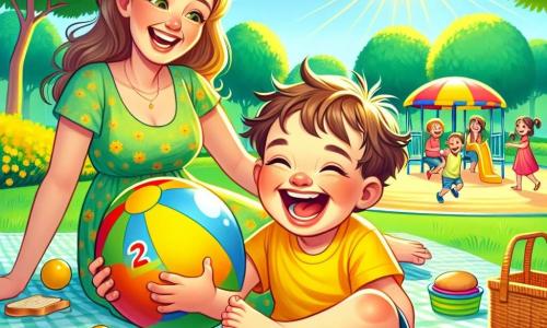 A 2-year-old boy named Tommy, with messy brown hair and sparkling eyes, is sitting on the green grass of the park, laughing out loud. He is wearing a bright yellow t-shirt and blue shorts, holding a colorful ball in his small hands. Next to him, his mom, a woman in her thirties with long blonde hair, smiles at him while sitting on a picnic blanket. She is wearing a light floral dress and holding a sandwich. The park is filled with tall trees with lush green leaves, and bright yellow flowers grow all around them. In the distance, children are playing on a colorful playground with a big slide and swings. The main scene shows Tommy laughing and getting ready to throw the ball to his new friends who are encouraging him to play, filling the air with joy and friendship.