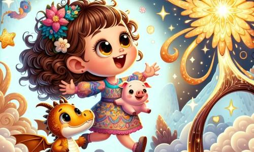 Uma menina de 4 anos, chamada Lila, com grandes olhos brilhantes e cabelos cacheados, usa um vestido colorido decorado com flores. Ela expressa uma imensa alegria, pulando com um sorriso travesso, segurando um porquinho de pelúcia chamado Pipo debaixo do braço. Ao seu lado, um dragão amigável chamado Dourado, com escamas douradas cintilantes e grandes asas abertas, se mantém majestoso, olhando para Lila com ternura. O cenário é uma ilha flutuante mágica, cercada por nuvens fofas e rios de chocolate, com uma fonte luminosa no centro, de onde emana uma estrela dourada dançante. Lila e Dourado se aproximam da fonte, deslumbrados com a beleza da luz ao seu redor. A cena principal mostra Lila tocando a água da fonte, enquanto a luz da estrela ilumina seus rostos, simbolizando a magia da amizade e da aventura.
