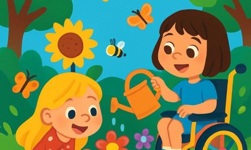 Hay 2 personajes principales: - Clara: una niña de 3 años, con cabello largo y rubio y ojos brillantes. Lleva un vestido rojo con lunares blancos y sandalias amarillas. Está agachada cerca de una flor, sonriendo con asombro. - Sofía: una niña de 3 años, con cabello castaño cortado a la altura de la mandíbula y ojos marrones. Está en una bonita silla de ruedas decorada con pegatinas coloridas. Lleva una camiseta azul y un short de mezclilla. Ella mira a Clara con una gran sonrisa, sosteniendo un regador de plástico. La situación principal tiene lugar en un jardín vibrante y soleado, lleno de flores de colores brillantes: rosas rojas, girasoles amarillos y violetas delicadas. Grandes árboles con hojas verdes y brillantes rodean el jardín, y mariposas coloridas vuelan alrededor de las flores. El cielo es de un azul profundo, salpicado de algunas nubes blancas y esponjosas. La historia muestra a Clara y Sofía cuidando su jardín. Clara riega las flores con entusiasmo, mientras Sofía admira los insectos que zumban a su alrededor. Las dos amigas están felices y comprometidas con su misión de proteger la naturaleza, creando una atmósfera alegre y mágica.