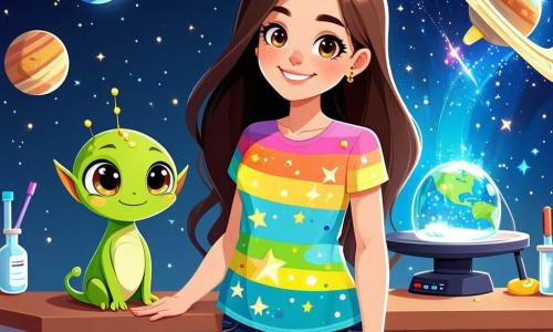 Uma menina de 8 anos, Clara, com longos cabelos castanhos e olhos cheios de curiosidade, está em pé no meio de um laboratório de astronomia. Ela usa uma camiseta colorida com estrelas e um jeans, e seu rosto expressa grande alegria e deslumbramento enquanto observa um pequeno extraterrestre verde chamado Zog, que tem grandes olhos redondos e um sorriso radiante. Zog, que mede cerca de um metro, está pulando de alegria ao seu lado, com os braços levantados para o céu. O laboratório está cheio de grandes telescópios, máquinas brilhantes e modelos de planetas suspensos no teto, criando uma atmosfera mágica e científica. Luzes coloridas piscam ao redor deles, e pôsteres de galáxias adornam as paredes. A cena principal mostra Clara e Zog, de mãos dadas, prontos para ativar uma máquina que capta a energia das estrelas, cercados por criaturas de Glimmer que dançam e cantam em celebração.