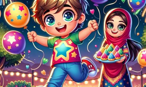 Um menino de 6 anos, Miguel, com cabelos castanhos bagunçados e olhos brilhantes de alegria, está no centro da imagem. Ele usa uma camiseta colorida com estampas de estrelas e uma calça azul, pulando de felicidade com um grande sorriso, cercado por balões coloridos que flutuam ao seu redor. Ao lado dele, sua mãe, uma mulher de cerca de trinta anos com cabelos longos e castanhos, sorri segurando um prato de biscoitos em forma de estrelas. Ela está vestida com um vestido festivo vermelho e observa seu filho com ternura. O cenário se passa em um jardim iluminado por luzes cintilantes, com árvores ao fundo e um céu noturno cheio de estrelas brilhantes. Fogos de artifício coloridos explodem no céu, adicionando um toque mágico à cena. A situação principal mostra Miguel e sua mãe celebrando o Ano Novo, com Miguel dançando alegremente enquanto segura um balão, enquanto os fogos de artifício iluminam o céu, criando uma atmosfera festiva e cheia de felicidade.