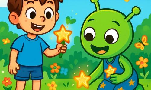 Een 8-jarig jongetje, Lucas, met rommelig bruin haar en nieuwsgierige sprankelende ogen, staat in het midden van zijn groene tuin met een verwonderde glimlach op zijn gezicht. Hij draagt een blauwe t-shirt en een spijkerbroek, terwijl hij een kleine peul met schitterende bloemen in zijn hand houdt. Naast hem knielt een blije alien genaamd Zorbi, met glanzende groene huid, grote ronde ogen en een brede glimlach, om sterren in de grond te planten. Zorbi draagt een sterren-schort en houdt ook een peul met bloemen vast. De tuin is gevuld met kleurrijke bloemen, fladderende vlinders en een stralende blauwe lucht, met een glanzend zilveren ruimteschip op de achtergrond dat zachtjes op het gras ligt. De belangrijkste situatie toont Lucas en Zorbi die schitterende sterren in de tuin planten, wat een magische en vrolijke sfeer creëert, vol licht en felle kleuren.